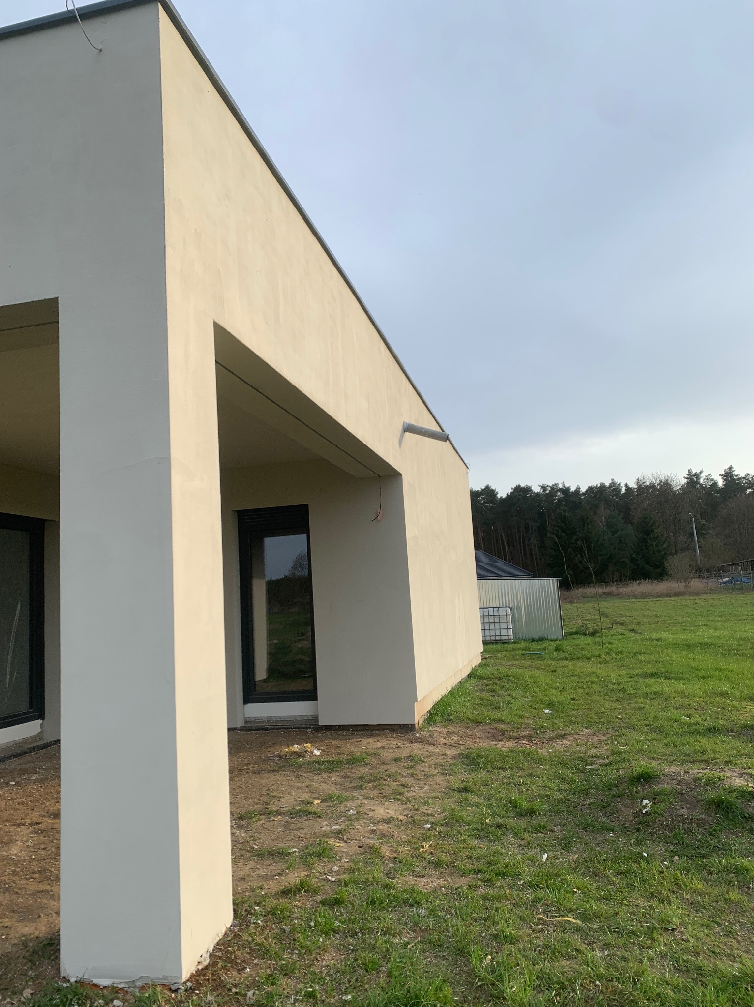 Nowoczesny dom jednorodzinny z płaskim dachem, otynkowany na kremowo, z widocznymi czarnymi ramami okiennymi i elementami oświetlenia zewnętrznego, na tle zielonego trawnika i lasu.