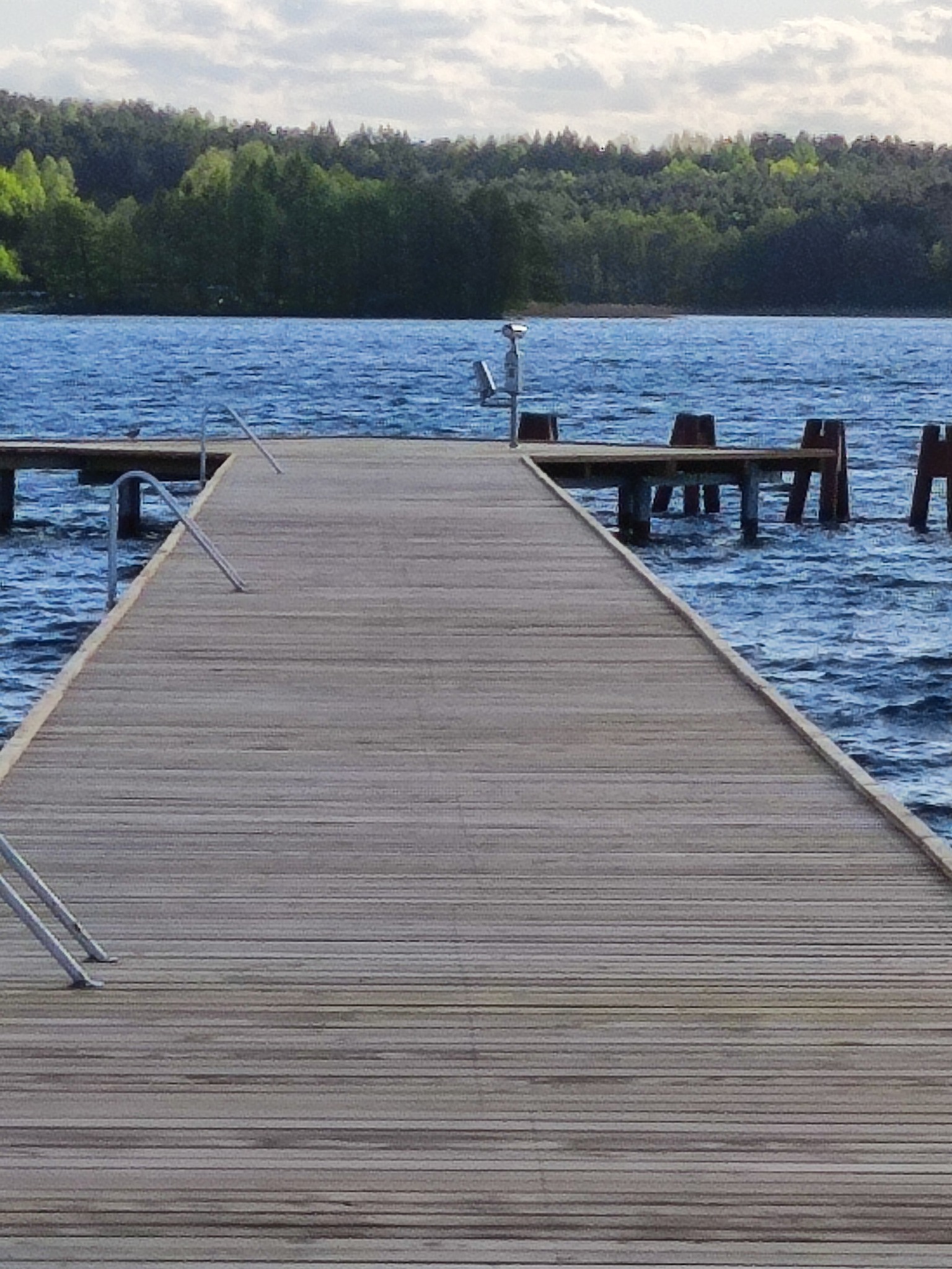Długi drewniany pomost prowadzący do jeziora z widocznym brzegiem porośniętym lasem i pochmurnym niebem w tle.