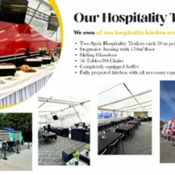 Mobilny pawilon gastronomiczny z bufetem i stołami, widok z zewnątrz i wewnątrz, catering na imprezę plenerową, oznakowany logotypami firmowymi.