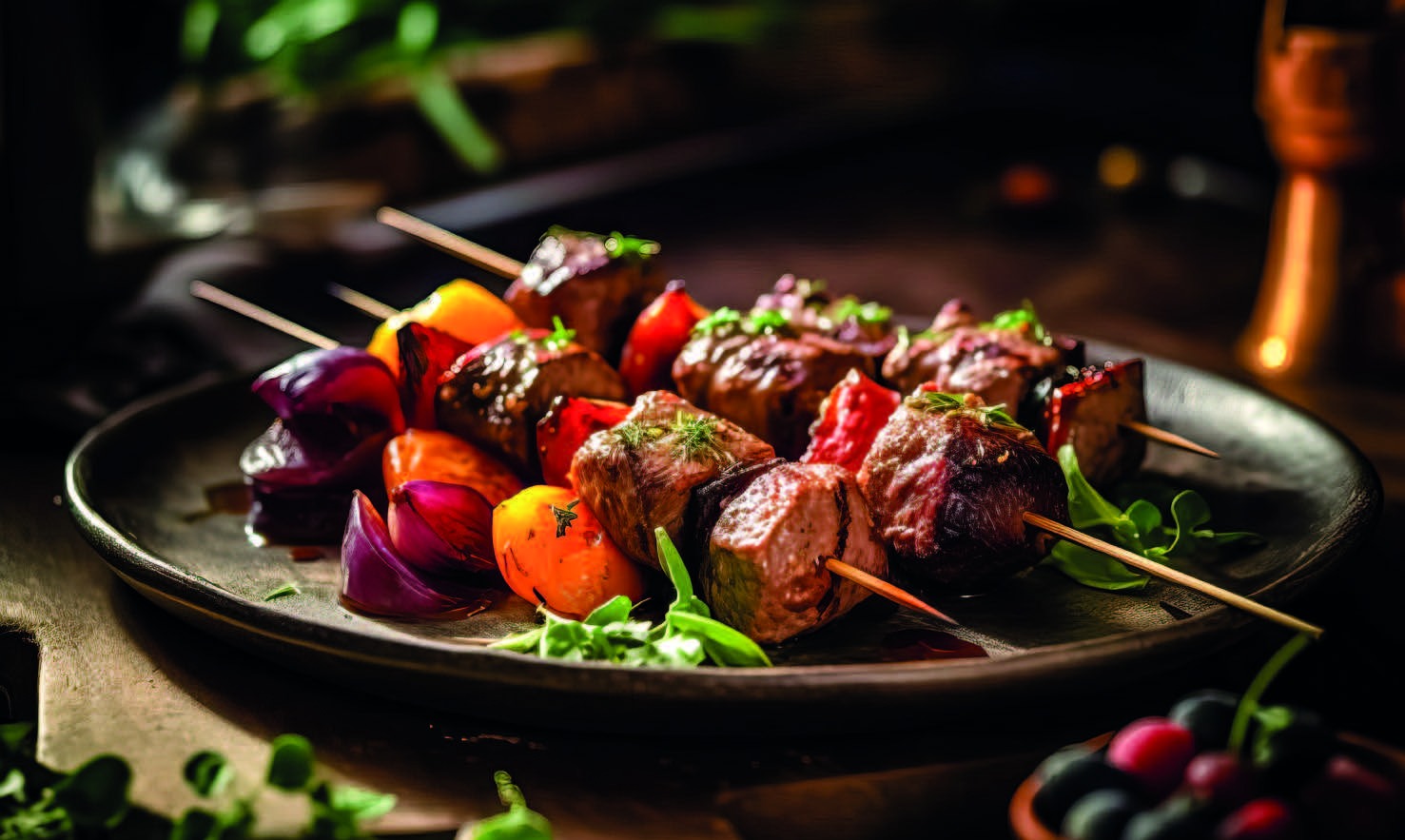 Grillowane szaszłyki z wołowiny i warzyw (czerwona cebula, pomidory, papryka) na drewnianych szpadkach, udekorowane świeżymi ziołami, podane na ciemnym talerzu.