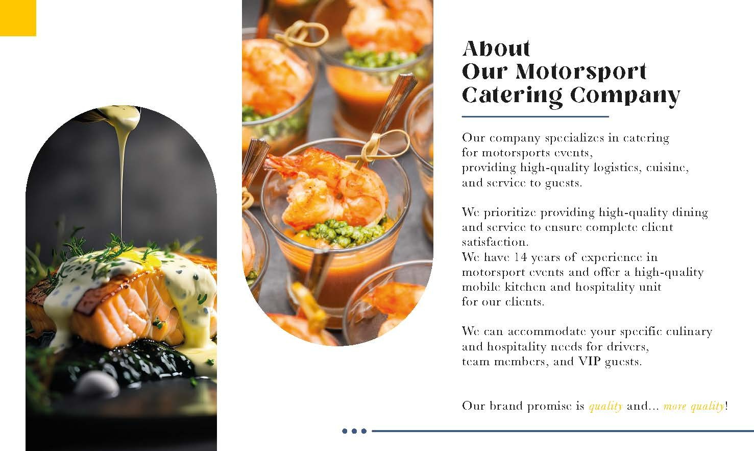 Eleganckie dania: łosoś z sosem, ozdobiony ziołami, oraz przystawki z krewetkami i zielonymi kuleczkami w szklankach, na tle tekstu o cateringu.