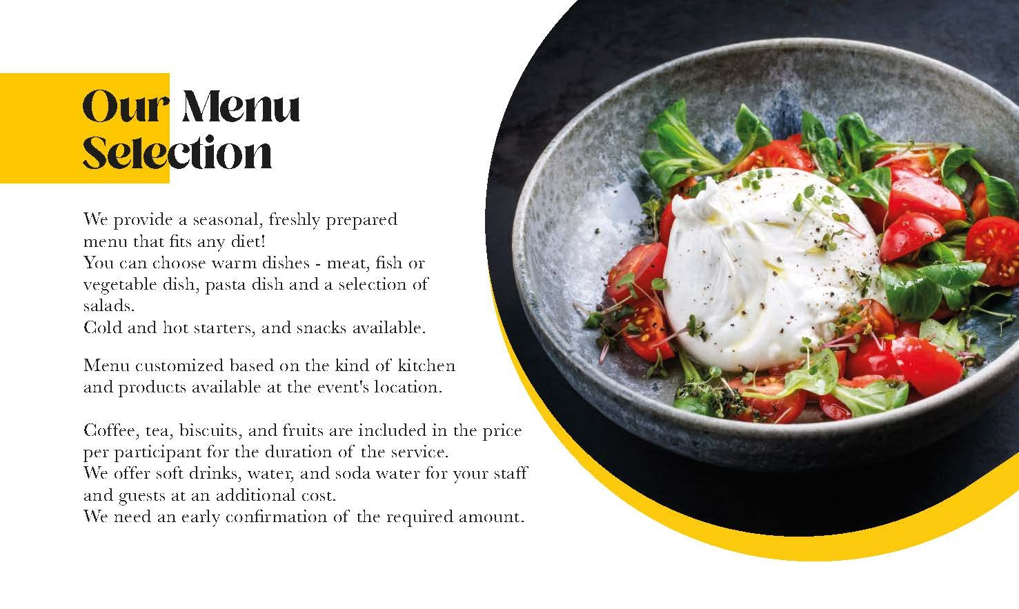 Sałatka caprese z burratą w szarej misce, otoczona tekstem menu, prezentowana jako propozycja kulinarna cateringu.