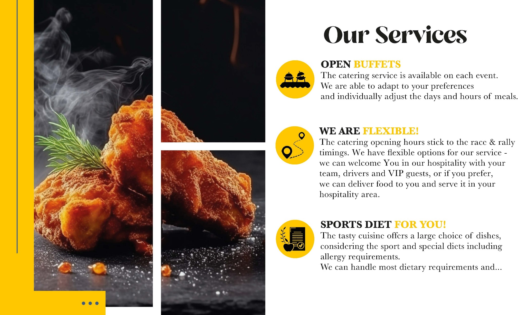 Dwa kawałki smażonego kurczaka na ciemnym tle, udekorowane gałązką rozmarynu i pomarańczowymi kuleczkami, z delikatnym dymem w tle, obok grafika z tekstem reklamowym.