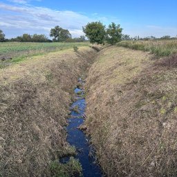 Agro fan sp z o.o. - Dren z wodą w rowie melioracyjnym na polu, zarośniętym suchą trawą. Widok z góry na błękitne niebo i drzewa w tle. Krajobraz po koszeniu trawy.