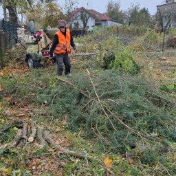 Agro fan sp z o.o. - Pracownik w odblaskowej kamizelce i kasku stoi obok sterty gałęzi i rębaka do drewna na zewnątrz. W tle domy i drzewa.