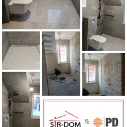 Pd usługi budowlane - Kolaż zdjęć łazienki: po remoncie - szare płytki, podwieszana toaleta, czarna armatura; w trakcie - widoczne instalacje, narzędzia, surowy stan ścian.