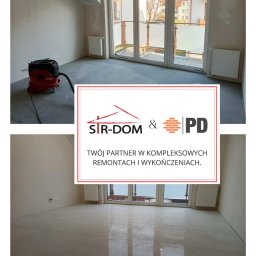 Pd usługi budowlane - Pokój po remoncie: gładkie ściany, jasna podłoga z płytek, duże okno balkonowe. Widoczny odkurzacz przemysłowy. Górna część zdjęcia przed, dolna po remoncie.