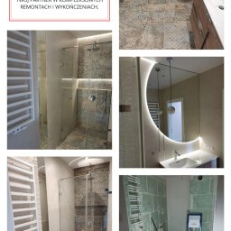 Pd usługi budowlane - Kolaż prezentuje łazienkę po remoncie: kabina prysznicowa ze szklanymi drzwiami, umywalka z lustrem podświetlanym LED, grzejnik drabinkowy, fragment stanu surowego.