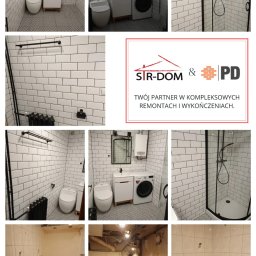 Pd usługi budowlane - Kolaż zdjęć łazienki przed i po remoncie: białe płytki, czarna armatura, nowoczesna toaleta, umywalka z szafką, kabina prysznicowa. Widoczny etap prac i logo firmy.