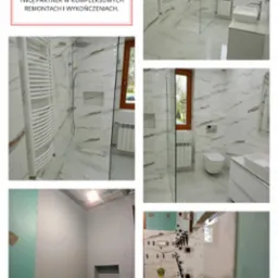 Kafelkowana łazienka z kabiną prysznicową, grzejnikiem drabinkowym i umywalką. Widoczny etap prac wykończeniowych z użyciem klipsów poziomujących. Logo firmy w rogu.