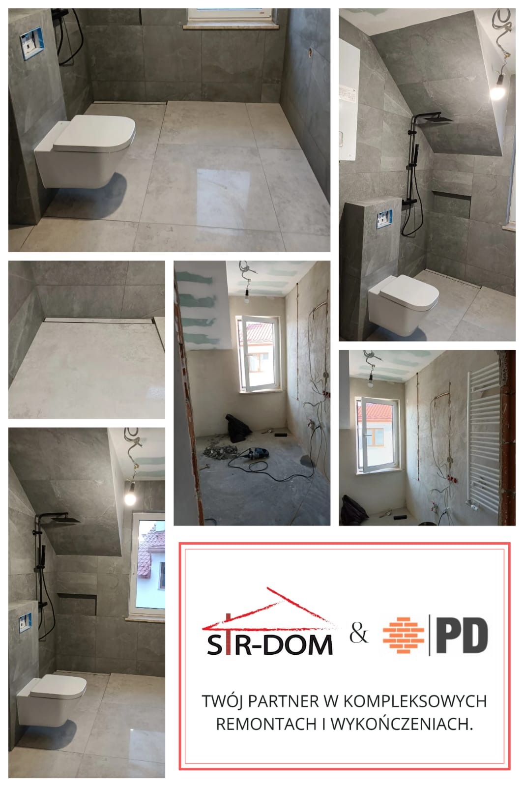 Kolaż zdjęć łazienki: po remoncie - szare płytki, podwieszana toaleta, czarna armatura; w trakcie - widoczne instalacje, narzędzia, surowy stan ścian.