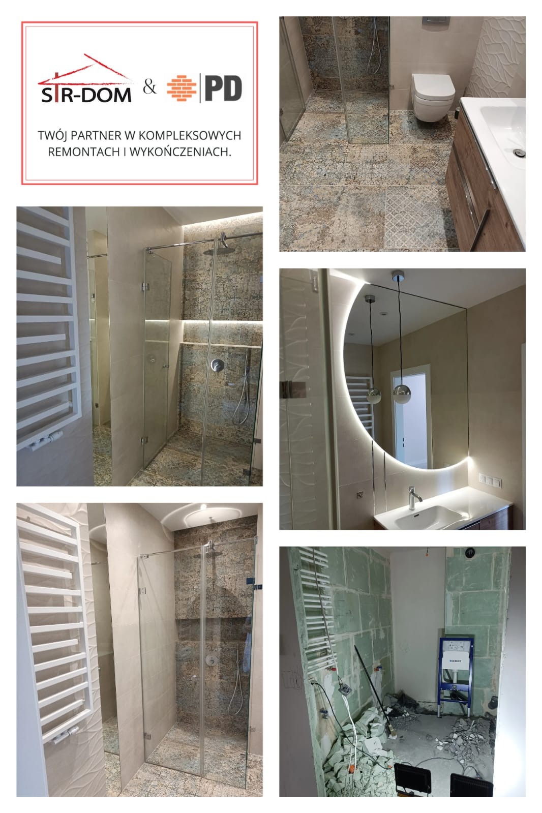 Kolaż prezentuje łazienkę po remoncie: kabina prysznicowa ze szklanymi drzwiami, umywalka z lustrem podświetlanym LED, grzejnik drabinkowy, fragment stanu surowego.