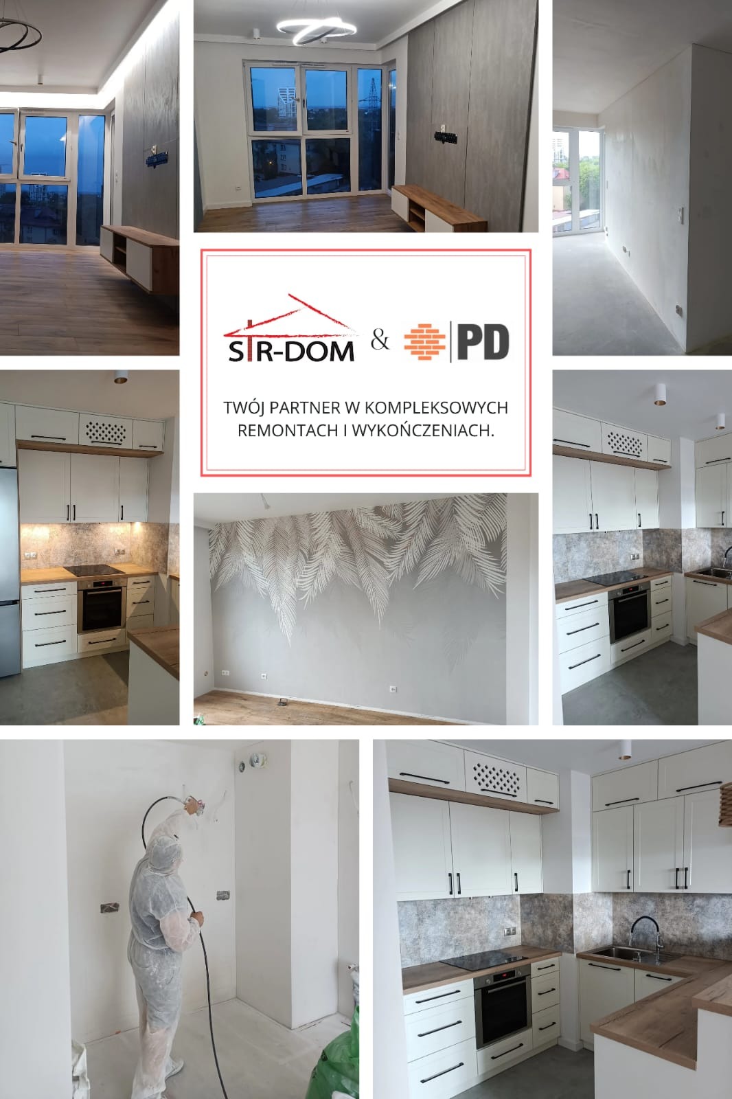 Kolaż zdjęć z remontu mieszkania: salon z TV, kuchnia z białymi szafkami, ściana z tapetą w liście, malowanie ścian. Prezentacja kompleksowych wykończeń wnętrz.