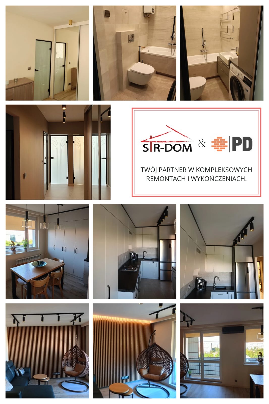 Kolaż zdjęć prezentujący różnorodne, nowocześnie wykończone wnętrza: łazienkę z wanną, kuchnię z zabudową, salon z dekoracyjną ścianą i balkon z widokiem.