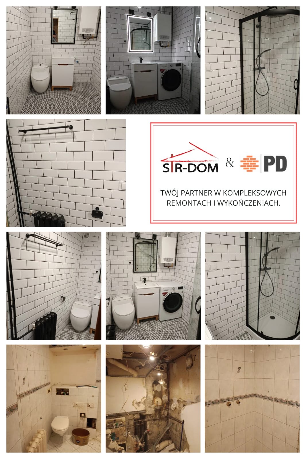 Kolaż zdjęć łazienki przed i po remoncie: białe płytki, czarna armatura, nowoczesna toaleta, umywalka z szafką, kabina prysznicowa. Widoczny etap prac i logo firmy.