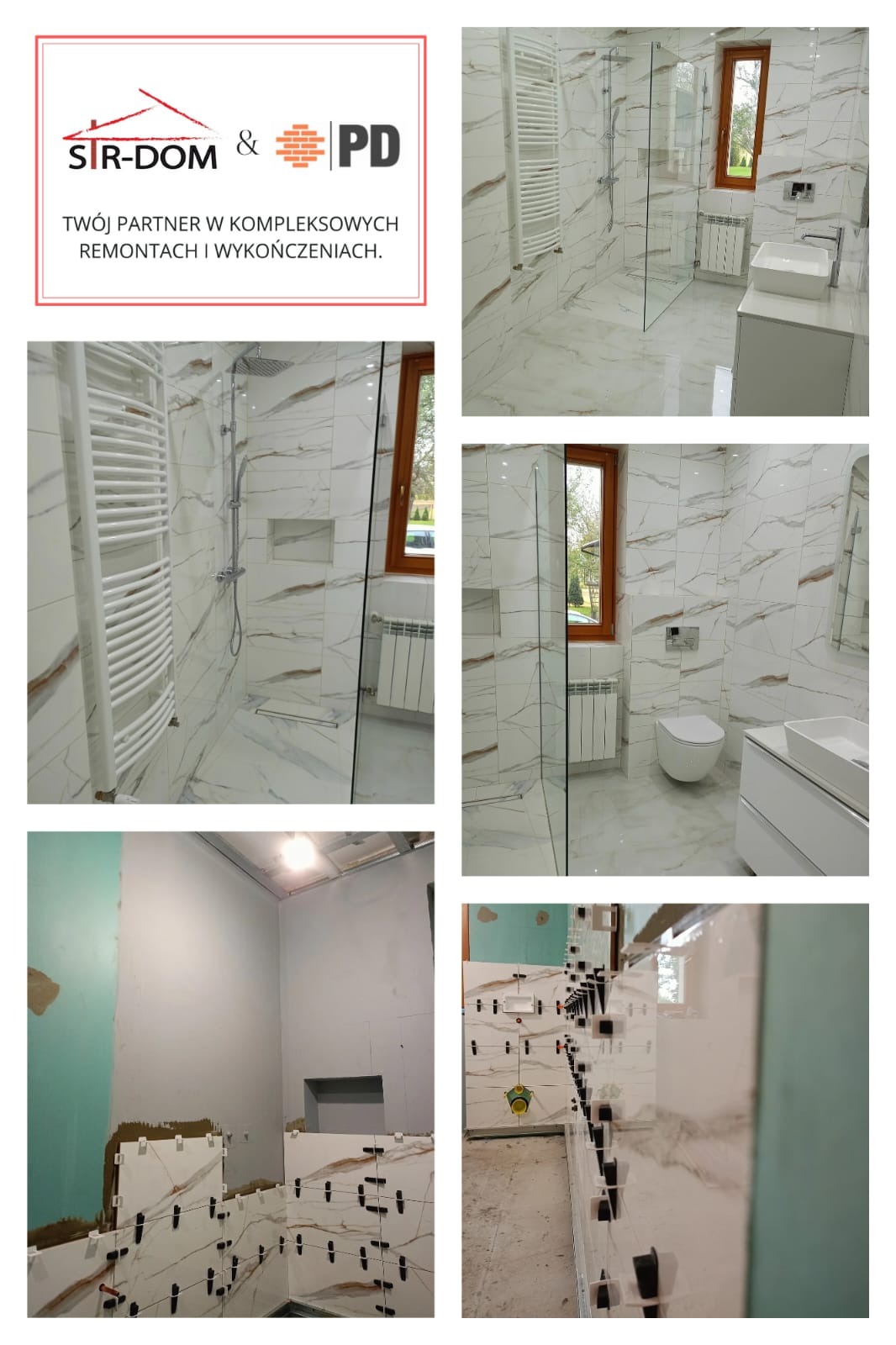 Kafelkowana łazienka z kabiną prysznicową, grzejnikiem drabinkowym i umywalką. Widoczny etap prac wykończeniowych z użyciem klipsów poziomujących. Logo firmy w rogu.