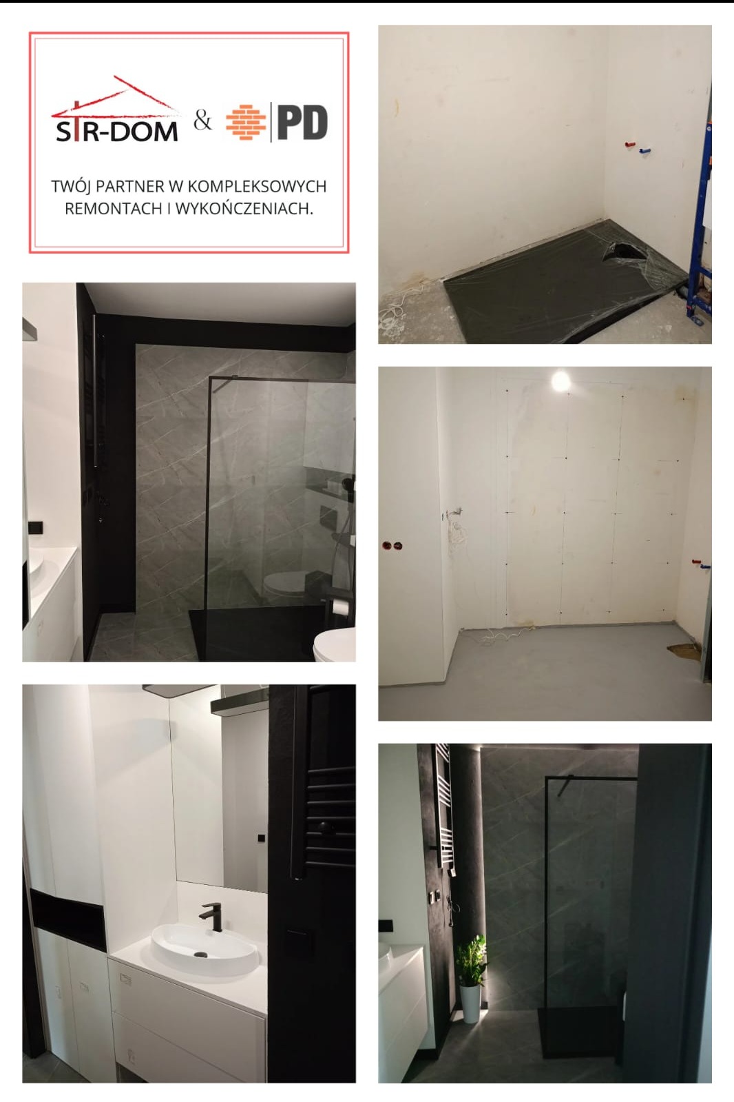 Kompilacja zdjęć łazienki: etap prac glazurniczych, montaż płytek, gotowa kabina prysznicowa, umywalka z szafką w czarno-białej tonacji. Nowoczesny design.