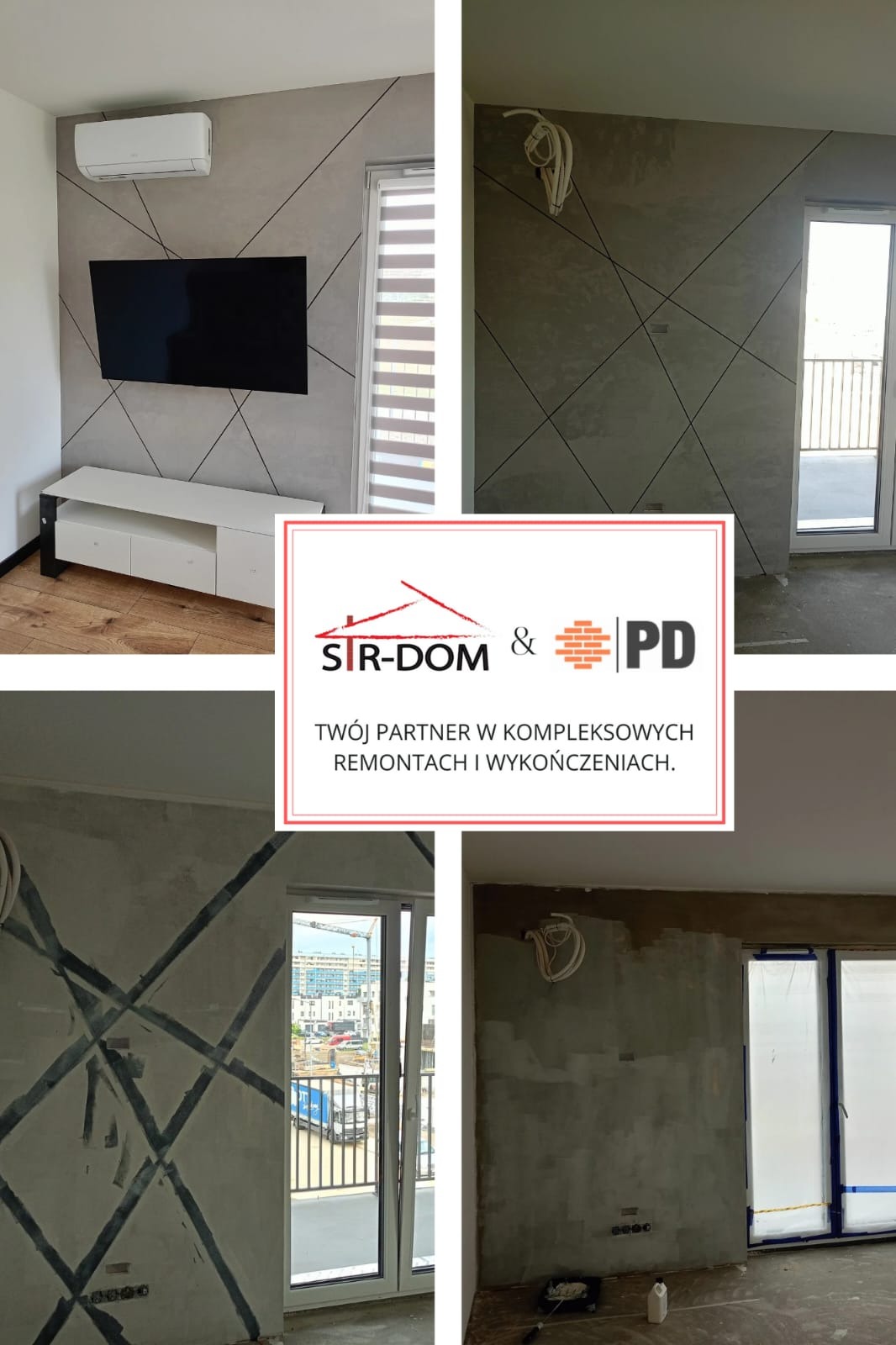 Montaż klimatyzacji i TV na ścianie z dekoracyjnymi liniami, widok przed i po. Nowoczesny salon po remoncie. Widok na balkon i okno z żaluzjami.