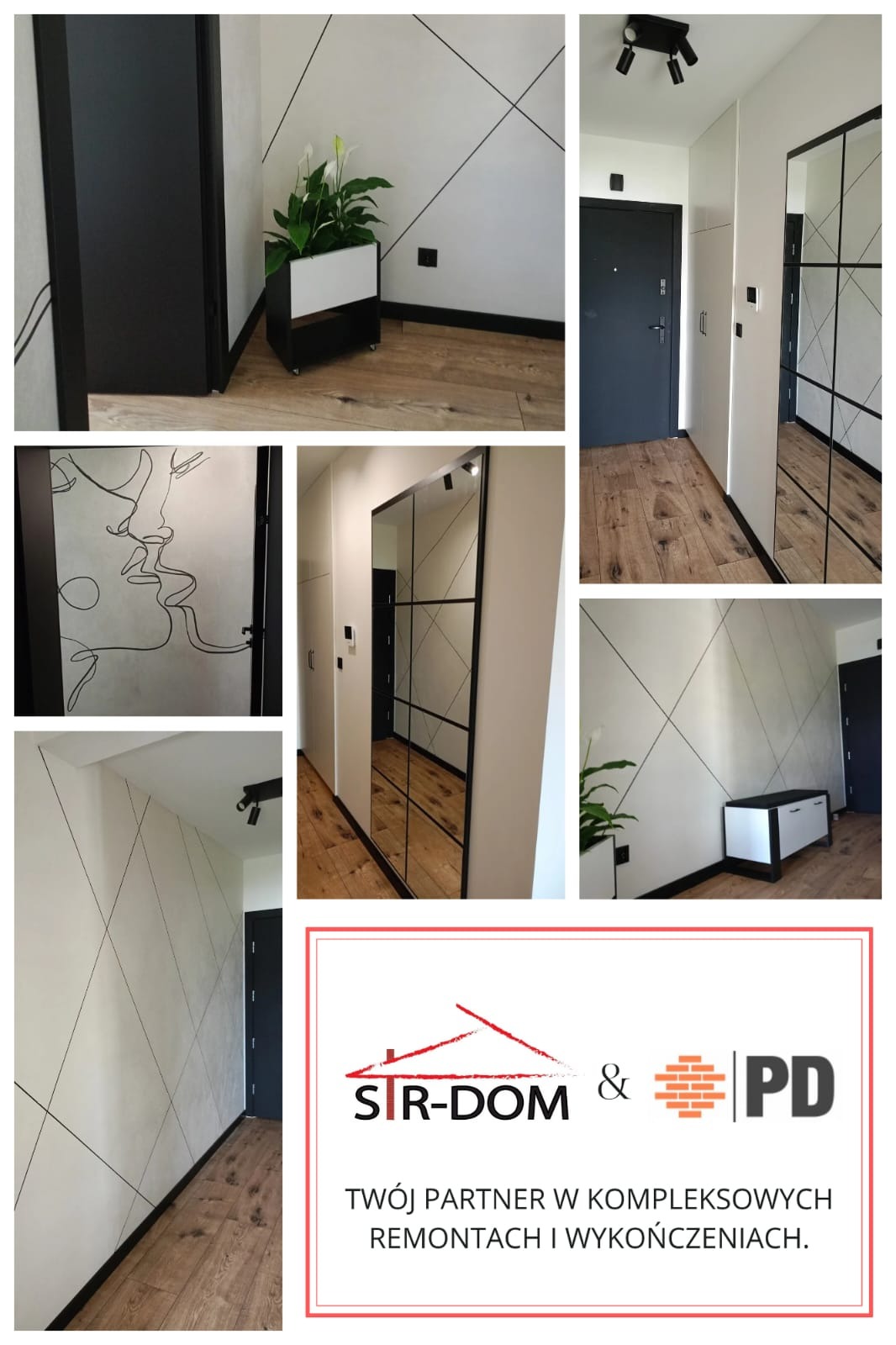 Nowoczesny przedpokój po wykończeniu: białe ściany z czarnymi, geometrycznymi liniami, lustro w czarnej ramie, drewnopodobne panele, czarne drzwi i dekoracje.