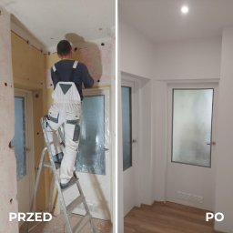 Budomex Sp. z o.o. - Remont pokoju: ściana przed szpachlowaniem i po malowaniu na biało. Widoczne drzwi z szybą. Na lewej części zdjęcia pracownik na drabinie.
