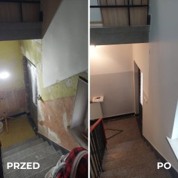 Budomex Sp. z o.o. - Klatka schodowa przed i po remoncie. Po lewej widoczne ściany z resztkami farby i tapet, po prawej odświeżone, pomalowane na szaro ściany i odnowione schody.