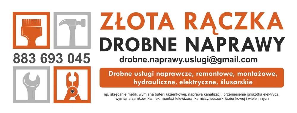 Logo firmy oferującej drobne usługi naprawcze, remontowe i montażowe, z numerem telefonu, adresem email i ikonami pędzla, młotka, klucza francuskiego i kombinerek.