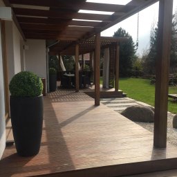 Wióry i opiłki - Zadaszony taras z drewnianą podłogą i pergolą, oświetlony promieniami słońca, z dekoracyjną kulą z zieleni w czarnej donicy i widokiem na zadbany ogród.