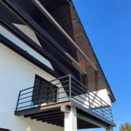 Nowoczesny balkon z czarną, metalową balustradą, wsparty na białych kolumnach, z drewnianym zadaszeniem i widokiem na jesienne drzewa.