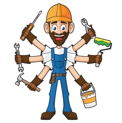 Kreskówkowy wizerunek uśmiechniętego mężczyzny w kombinezonie i kasku, z wieloma rękami trzymającymi różne narzędzia: śrubokręt, klucz, młotek, szczypce, wałek do malowania i wiadro z farbą.