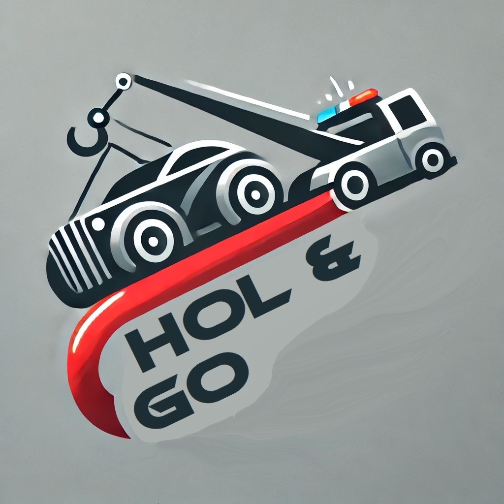 Grafika wektorowa przedstawiająca lawetę z podnoszonym samochodem, umieszczona nad napisem 'HOL & GO', na szarym tle.