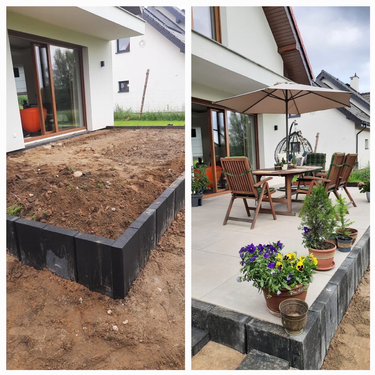 Porównanie stanu przed i po: przygotowany teren z obrzeżami z kostki betonowej kontra wykończony taras z meblami ogrodowymi, kwiatami w donicach i parasolem, przylegający do nowoczesnego domu.