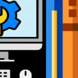 Stylizowana ikona monitora z zębatką i kluczem francuskim na ekranie, obok pionowe, kolorowe pasy.