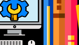 Stylizowana ikona monitora z zębatką i kluczem francuskim na ekranie, obok pionowe, kolorowe pasy.