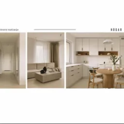 Jasne, minimalistyczne wnętrze mieszkania z widokiem na korytarz, salon z narożnikiem i stolikiem kawowym oraz kuchnię z okrągłym stołem i krzesłami, całość utrzymana w neutralnej palecie barw.