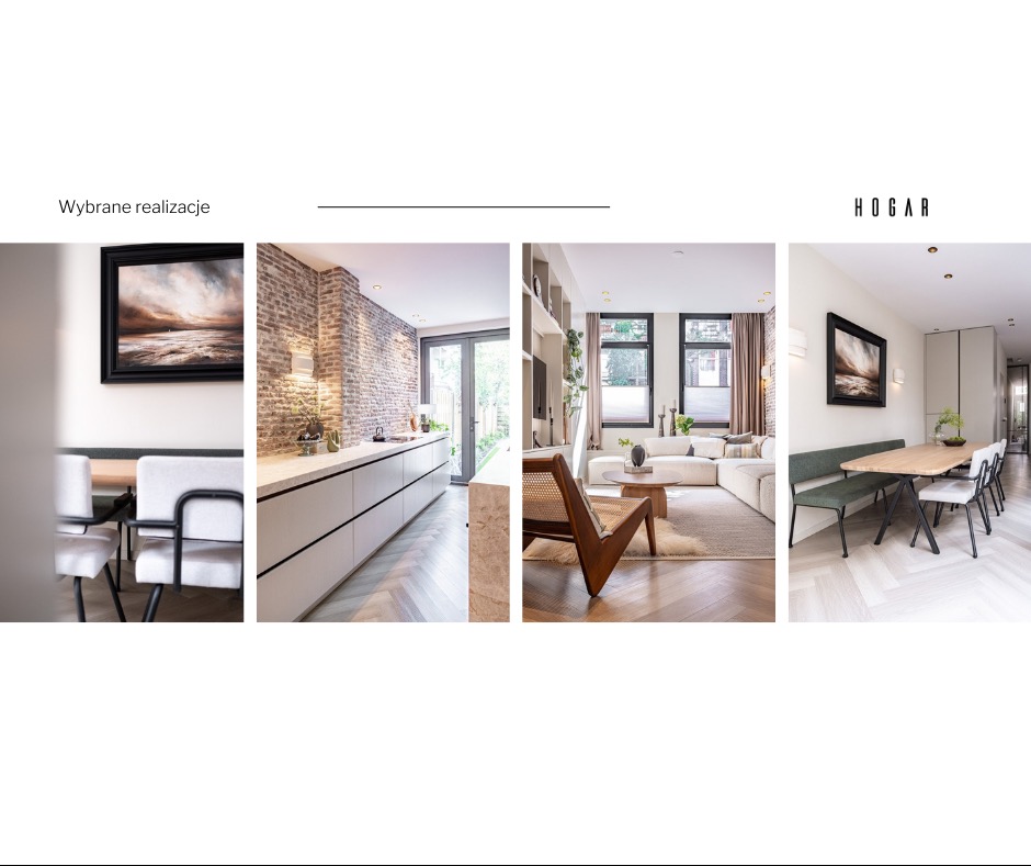 Cztery ujęcia wnętrza domu po remoncie: jadalnia z obrazem nad stołem, kuchnia z ceglaną ścianą, salon z narożną sofą i fotelem z rattanu, oraz stół jadalny z ławką i krzesłami.