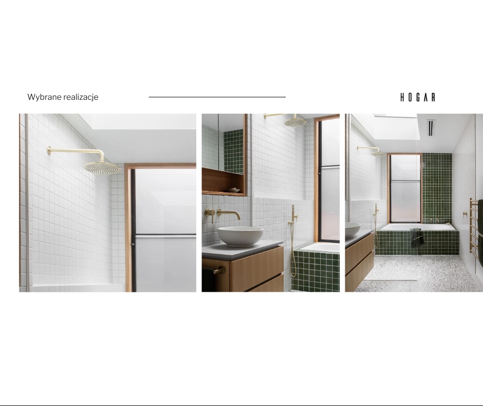 Nowoczesna łazienka w Poznaniu z białymi i zielonymi płytkami, armaturą w kolorze złota, drewnianą szafką pod umywalką i oknem w ramie z naturalnego drewna.