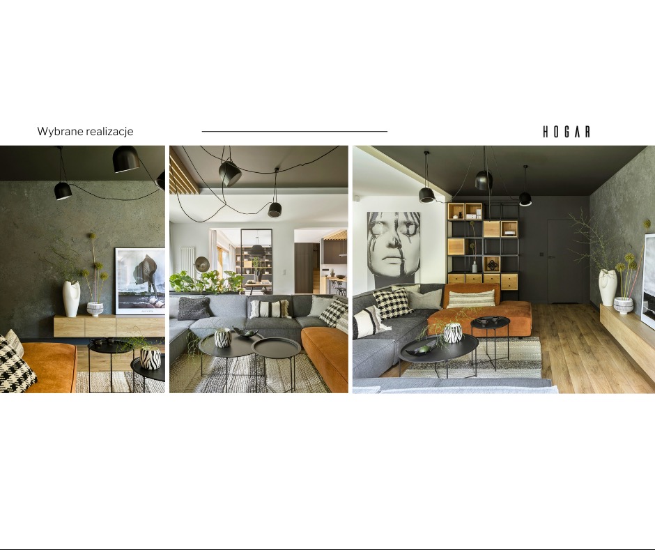 Kompozycja trzech kadrów prezentująca aranżację salonu z szarą sofą narożną, pomarańczowymi akcentami, lampami sufitowymi na kablach, graficznym obrazem i drewnianymi meblami, ukazująca spójny design.