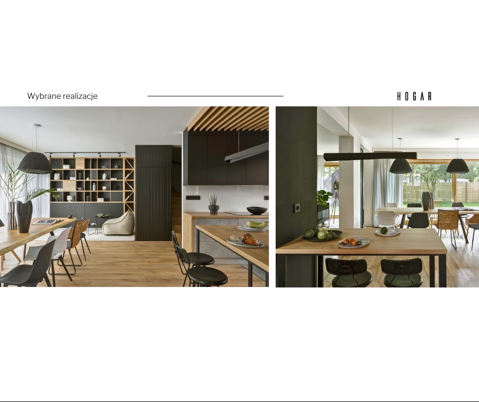 Jasne, przestronne wnętrze domu z kuchnią z czarnymi szafkami i drewnianym blatem, połączone z jadalnią z długim stołem i krzesłami, całość oświetlona wiszącymi lampami z widokiem na ogród przez...