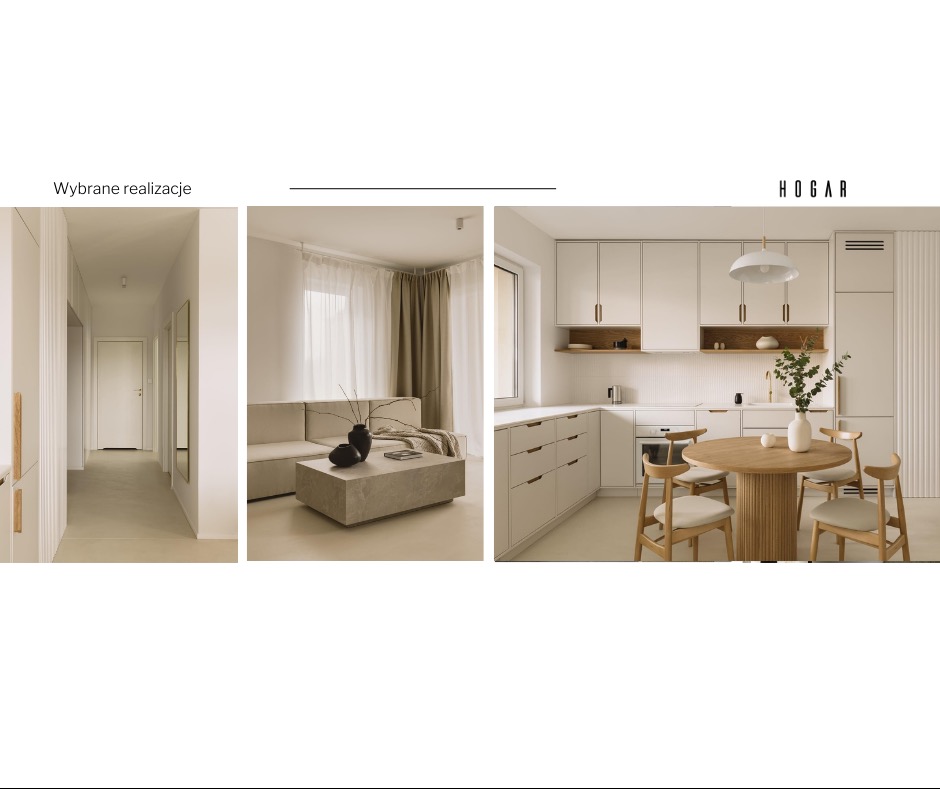 Jasne, minimalistyczne wnętrze mieszkania z widokiem na korytarz, salon z narożnikiem i stolikiem kawowym oraz kuchnię z okrągłym stołem i krzesłami, całość utrzymana w neutralnej palecie barw.