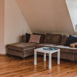 DANGER STUDIO DAWID ANGERHOEFER - Ukulele spoczywa na brązowej sofie w jasnym pokoju w Olsztynie, obok okna z książkami i rośliną doniczkową.