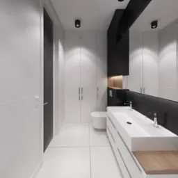 Minimalistyczna łazienka w bieli i czerni z długą, podwójną umywalką na szafce z drewnianym blatem, toaleta podwieszana, wysokie szafy w zabudowie i czarne, okrągłe lampy sufitowe.