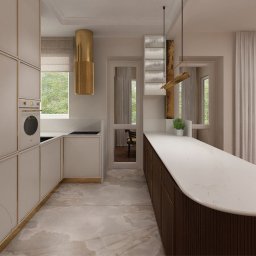 OSA HOME CONCEPT - Wizualizacja kuchni w odcieniach beżu i złota z wyspą, okapem w formie złotej tuby i marmurową podłogą. Widoczny piekarnik w zabudowie i minimalistyczne oświetlenie.