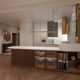 OSA HOME CONCEPT - Wizualizacja kuchni w stylu retro z wyspą, drewnianą podłogą w jodełkę i złotymi akcentami, widoczne książki i dekoracje na półkach wyspy.