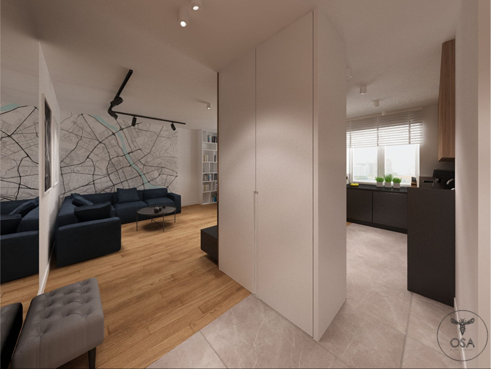 Wizualizacja przestronnego mieszkania z otwartą kuchnią, salonem z mapą na ścianie, drewnianą podłogą i minimalistycznym oświetleniem szynowym.