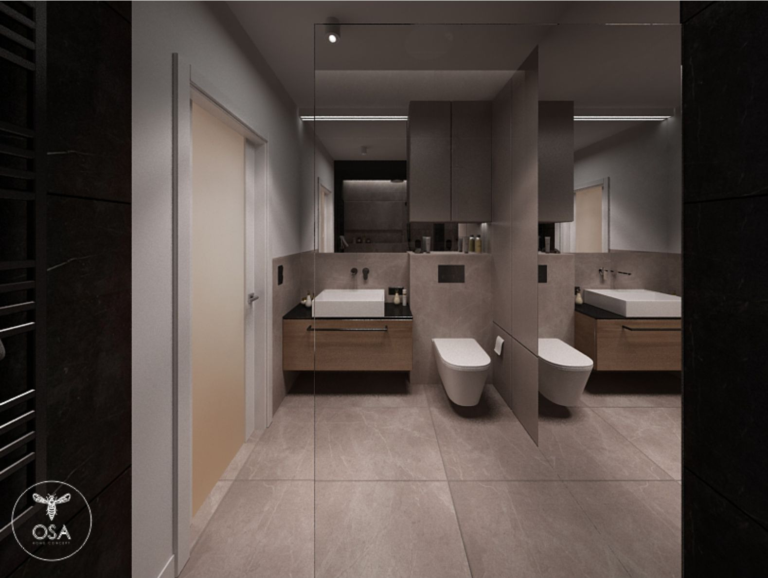 Nowoczesna łazienka z dwoma umywalkami i toaletami podwieszanymi, szare płytki podłogowe i ścienne, drewniane szafki pod umywalkami, oświetlenie LED, widoczne logo firmy OSA Home Concept w lewym...