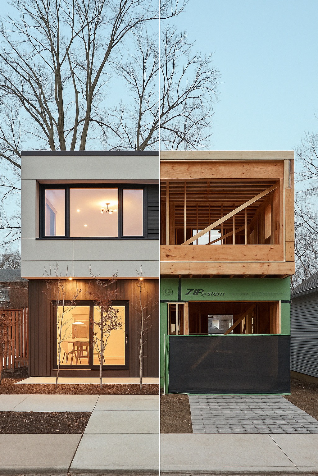 Dwupoziomowy dom w trakcie budowy: lewa strona wykończona z oknami i oświetleniem, prawa strona w stanie surowym z widoczną konstrukcją drewnianą i zieloną izolacją.