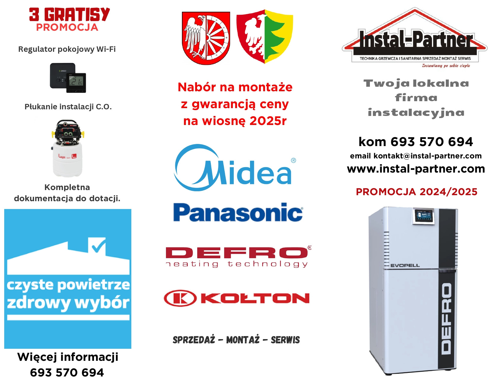 Grafika reklamowa firmy instalacyjnej prezentująca promocje, nabór na montaże, logotypy producentów urządzeń grzewczych (Midea, Panasonic, Defro, Kolton) oraz wizualizację kotła grzewczego Defro...