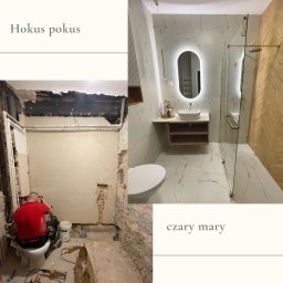 Monika Latarska - Fotografia przedstawia zestawienie stanu łazienki przed i po remoncie: po lewej surowy stan z odkrytymi instalacjami i pracującym instalatorem, po prawej wykończona łazienka z marmurowymi płytkami,...