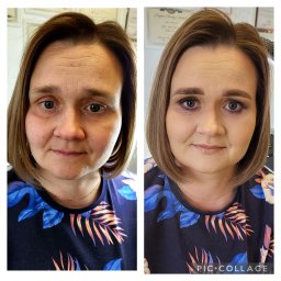 JOWIN JOANNA WINKIEL - Portret kobiety przed i po makijażu. Widoczne zmiany w kolorze cery, podkreślone oczy i usta. Ujęcie centralne, skupione na twarzy. Tło neutralne.