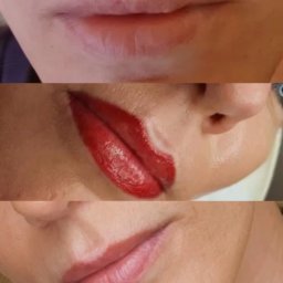 JOWIN JOANNA WINKIEL - Zbliżenie na usta kobiety w trzech etapach: przed, w trakcie i po makijażu permanentnym. Widoczne precyzyjne kontury i intensywny kolor pomadki.